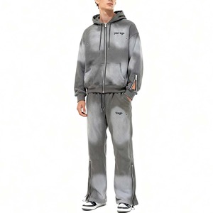 Conjunto de Sudadera con Capucha y Pantalones Deportivos de Algodón Oversize para Hombre, Estilo Jogger Personalizado, Lavado Ácido Desgastado, Estampado y Bordado, con Pantalones Acampanados - Product Image 1