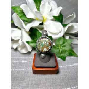 Navajo Made Carico Lake Turquoise Sterling <b>Silver</b> <b>Ring</b> Size 7 Rhodium Plated Yellow Gold Pearl Stone Everyday Wear <b>Statement</b> - Product Image 1