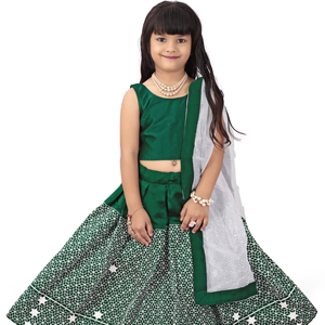 Shoryam Fashion Girls Emerald Green Ethnic Floor-Length Quick Dry Lehenga Choli Set Star Embroidery <b>Net</b> <b>Dupatta</b> Party Wedding - Product Image 1