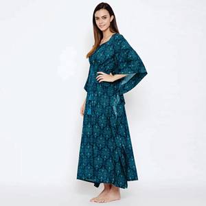 100% Cotton Comfort Fit Shaped Neckline with Piping Detail and Pockets Navy Blue Printed <b>Kaftan</b> - Product Image 4