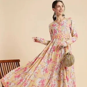 Vestido estampado floral Anarkali Kurta para mulheres, novidade da moda verão, venda por atacado, fornecimento por fabricante
