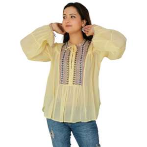 Femmes fait à la main Boho brodé coton haut Designer décontracté été Blouse léger Festival porter longue longueur tissé chemise - Product Image 1