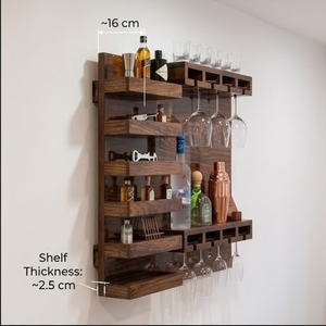Rustic Wood Wall Shelf 5 Tier Hanging Storage <b>Rack</b> For Wine <b>Glasses</b> And Bottles - Product Image 1