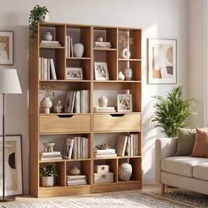 Modern Narrow Tall Bookshelf with Drawer Wooden Bookcase Open Display <strong>Shelf</strong> Storage <strong>Unit</strong> for Small Spaces Living Room Corner - Product Image 3