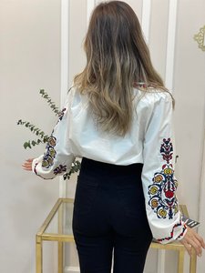 Damen weiße Boho Bluse Langarm V-Ausschnitt Bauer <span class=keywords><strong>Top</strong></span> Blumen druck Sexy Vintage Style Casual Baumwolle S M L Größe