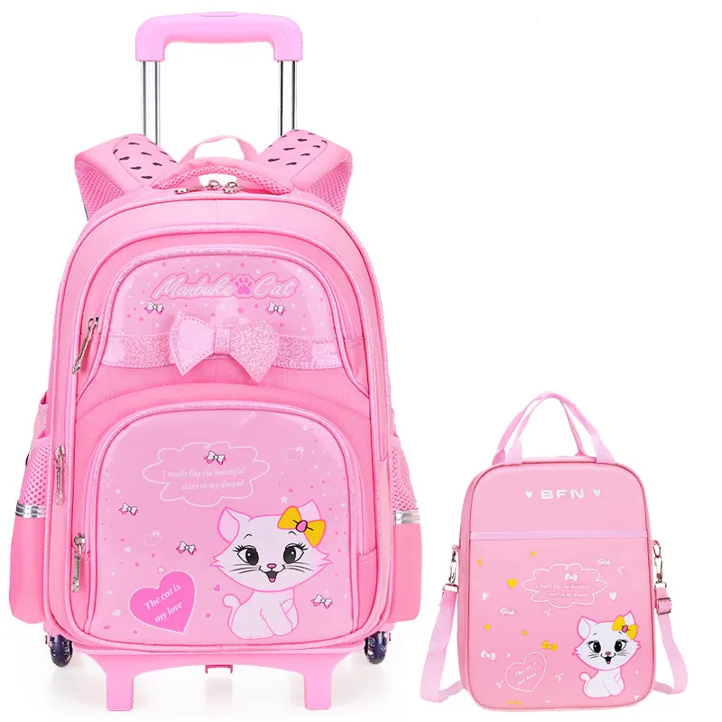 Pink School Bag Com Trolly Lunch Box Lápis Bag Kits Define Girl Loved Kitty Impressão Design Estilo Bonito