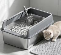 Bac à litière pour chat en acier inoxydable et plastique à bords hauts anti-éclaboussures, grande capacité, résistant aux morsures, lisse, non absorbant, facile à nettoyer