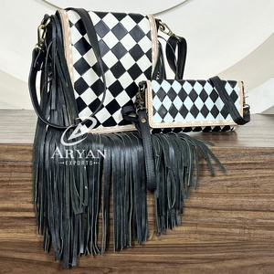 Women Vintage Style Tooled Checkered Design Fashion Trendy Fringe Handbag & Crossbody Wallet with Wristlet 2-Piece Matching Set - Product Image 1