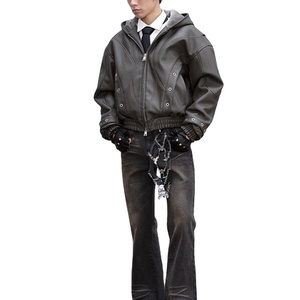 Chaqueta de Cuero Genuino Estilo Motero Retro Urbano, Diseño Personalizado OEM al por Mayor, Chaqueta de Cuero Negra Holgada Estilo Y2K - Product Image 3