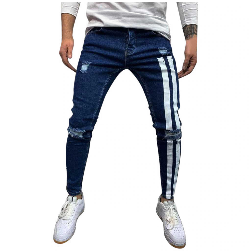 Streetwear Jeans Mens Skinny Jeans Side Stripe Slim Fit Ripped