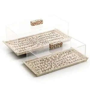 Gorgeous Rectangle Mother Of Pearl Inlaid Serving Trays With Acrylic Cover Floral Chocolate Pastry Serving Tray For Ramadan