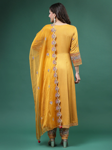 Ensemble Kurta Angrekha pour femme, couleur moutarde, col en V, manches longues, broderie, pantalon et dupatta, tenue décontractée, tissu en rayonne, été, OEM - Product Image 2