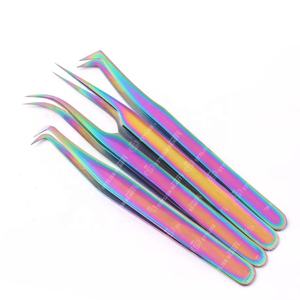 Pinzas de extensión de pestañas de acero inoxidable con revestimiento de color arcoíris y logotipo personalizado, Punta puntiaguda para pestañas postizas - Product Image 3