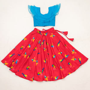 Lehenga Choli con Estampado de Aves de Shoryam Fashion Designer para Niñas |   Conjunto de Falda y Top con Volantes de Organza |   Pantalones Largos Personalizados de Secado Rápido para Niños - Product Image 1