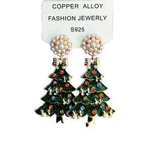 Orecchini Pendenti Evan a Forma di Albero di Natale per Donne, in Lega di Zinco Placcata Oro con Fiocco Smaltato, Perla e Strass, per Feste Natalizie - Product Image 5