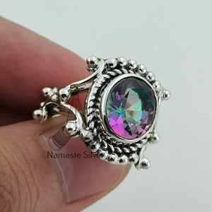 Mystic Topaz Oval Handmade <b>Statement</b> <b>Ring</b> for Women Sterling <b>Silver</b> Gemstone Jewelry Rhodium for Birthday Christmas Gift - Product Image 1