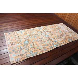 Tapis turc décoratif 2,6x6,1 pieds, tapis vintage, tapis persan en laine orange et bleu - Product Image 2