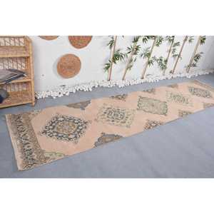 2.9x12.5 ft Vintage <b>Rug</b>, Turkish <b>Runner</b> <b>Rug</b>, Beige Blue Ikat Wool <b>Rug</b> - Product Image 4