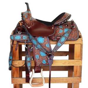Selle sans arbre Selle de cheval en cuir occidental de qualité supérieure avec ensemble de clous de cheval assortis Selle d'endurance en cuir véritable - Product Image 1
