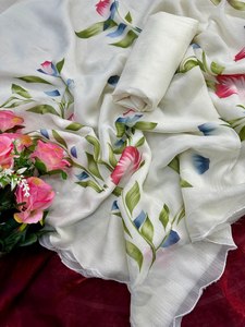 Elegante Impresión digital Sari pesado Chinon tela de seda para mujeres para ropa festiva apariencia de oficina y ropa cultural india tradicional - Product Image 4