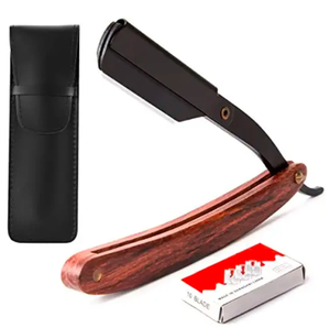 Depilación corporal profesional, maquinilla de afeitar de borde recto de acero inoxidable con mango de madera, aplicación de polvo para barberos - Product Image 1