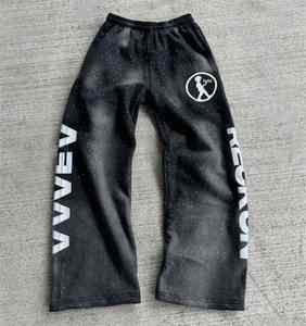 Pantalon décontracté pour homme à jambe large, taille mi-haute, imprimé numérique, peint, imperméable, orné de strass, délavé à l'acide, style jogging sportif - Product Image 4