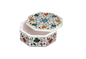 Boîte à bijoux octogonale artisanale en marbre, incrustation multicolore en pierre naturelle Pietra Dura, boîte de rangement pour colliers et bibelots - Product Image 2
