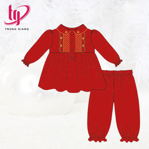 Pyjamas pour enfants en coton à fleurs rouges personnalisables Vêtements de nuit à manches longues pour filles Vente en gros pour bébé Noël - Product Image 1