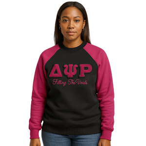 Delta Psi Rho Sorority Raglan Sleeve Crewneck Sweatshirt Black Cotton Poly Filling the Voids <b>Jumper</b> Greek Life Casual Apparel - Product Image 1