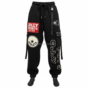 Haute qualité hommes survêtement pantalon épais polaire tissu taille réglable couleur noire avec Chenille broderie Logo lavé hommes pantalons - Product Image 1