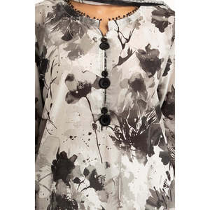 Ensemble d'été décontracté 3 pièces gris cendré imprimé pour femme, respirant, col montant, manches longues, coupe ample, en tissu tissé - Product Image 4