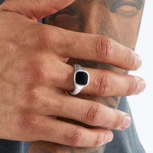 NOVAMART Fine Hallmark <b>Men's</b> Silver Classic <b>Black</b> Cluster <b>Ring</b> Hip-Hop Trendy Gold-Plated Bezel Setting Inlay with Stylish Numbe - Product Image 1