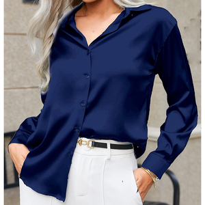 Mujeres Diseño de moda Nuevo estilo Drapeado Tops sueltos Camisas Sueltas Color sólido Nueva camisa de satén de manga larga - Product Image 3