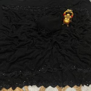 Sari VASTRA COTTAGE para Fiestas, en Georgette Puro con Cuentas Negras Brillantes, Lentejuelas y Trabajo a Mano, Elegante Sari de Diseñador para Mujer - Product Image 1