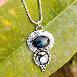 Collier pendentif fait main en argent sterling 925 avec serti clos, labradorite et pierre de lune, plaqué or vintage, unisexe, pour fiançailles ou troisième anniversaire - Product Image 1