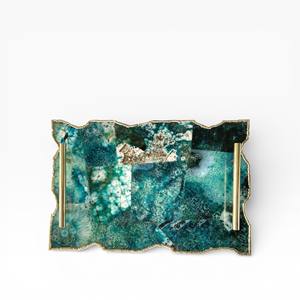 Plateau élégant rectangulaire en agate marron avec un design en mosaïque de cristaux naturels et des poignées en métal modernes - Product Image 3