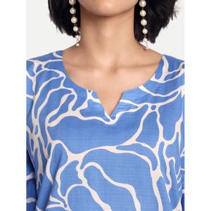 Bleu imprimé fleuri caftan ensemble pour femmes confortable pantalons décontractés Style occidental bouton décoration genou toile tissu pour les vacances - Product Image 4