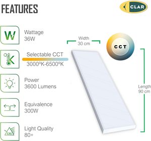 CLAR-90x30 LED bảng điều chỉnh 36 Wát tiết kiệm năng lượng IP20 đánh giá 3-năm bảo hành hình chữ nhật trần ánh sáng khung nhôm cho chiếu sáng trong nhà - Product Image 5