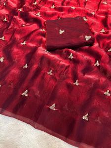 Sari Fendy para Mujer, Satén de Doble Tono, Hermoso Trabajo de Lentejuelas Zari y Flores Butti, Blusa de Contraste para Adultos - Product Image 4