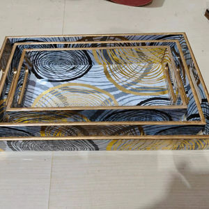 Plateau de service en bois d'acacia, plateau artisanal en bois et en meena personnalisé pour la décoration de la maison, ensemble de plateaux carrés, plateaux en bois en gros - Product Image 1