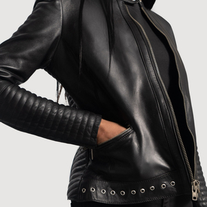 Chaqueta de moto de cuero genuino para mujer, cuello alto, cierre de cremallera, manga larga, color negro sólido, longitud regular, estilo otoñal - Product Image 6