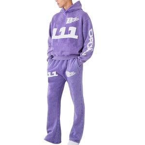 ชุดเซ็ตฮู้ดดี้ลายโลโก้แบบย้อมสีเอซิดและกางเกงขาบาน สไตล์สตรีทแวร์วินเทจสีม่วงสำหรับผู้ชาย ผ้าคอตตอนหนานุ่มทรงโอเวอร์ไซส์ - Product Image 1