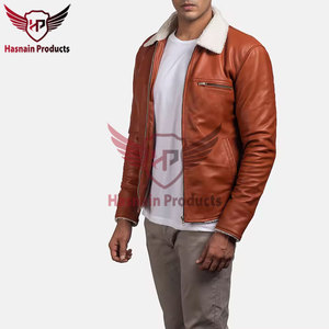 Chaqueta de cuero marrón para hombre con cuello de piel de cordero, piel auténtica, estilo casual de invierno, con cremallera. - Product Image 2