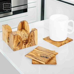 Handmade Durable Olive Wood <b>Coaster</b> <b>Set</b> With Holder Non-Slip Square Wooden Mats & Pads for Everyday Use - Product Image 5