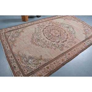 Tapis turc vintage 5.8x9.3ft Beige marron tissage plat laine Patchwork motif pour décor de salon ou couloir support en Latex - Product Image 2