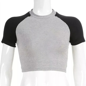 Camiseta Corta Colorblock para Mujer, Ajustada, Lisa, Informal, de Verano, de Manga Corta, con Cuello Redondo - Product Image 1