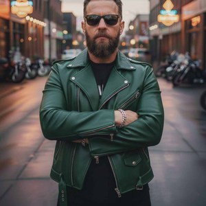 Veste de motard en cuir vert pour homme, respirante, à capuche, motif à carreaux, style décontracté, LEATHER SPOT - Product Image 3
