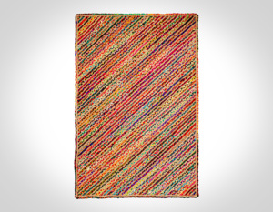 Tapis décoratif tissé à la main en coton et jute recyclé Chindi tressé et lavable pour chambre à coucher et salon d'Inde - Product Image 1