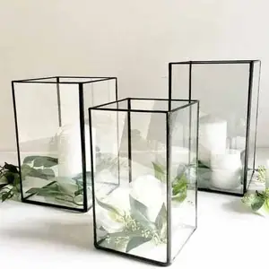 Caja de cristal con marco de latón glamoroso, terrarios de cubo para mesa de boda y decoración del hogar, caja de regalo de cristal antiguo votivo de color negro