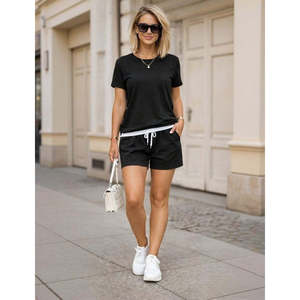 Women'<b>s</b> Short-Sleeve Crew Neck Viscose Two-Thread Fabric <b>Blouse</b> <b>and</b> Shorts Two-Piece Set, 32776 - Black - Product Image 1